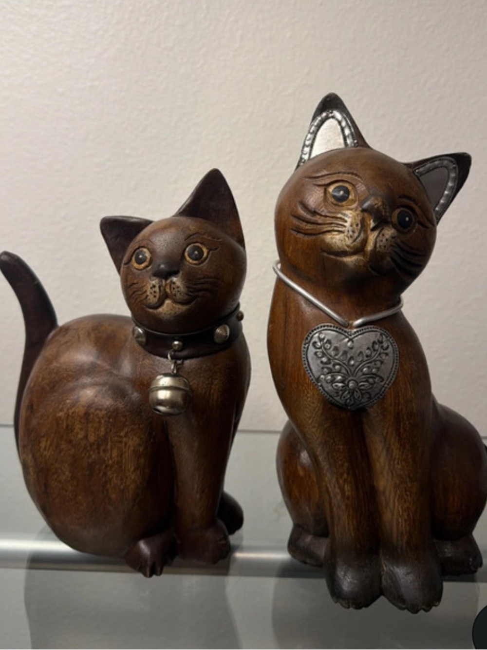 Vintage Hand Carved Wooden Cat Figurines.  Set Rustic Folk Art Decor Bell Heart